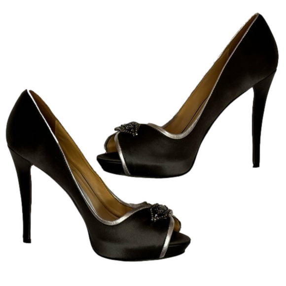 Badgley Mischka Formslag Jeweled Deep Grey Satin Peep Toe Pump Size 9 - Picture 4 of 13